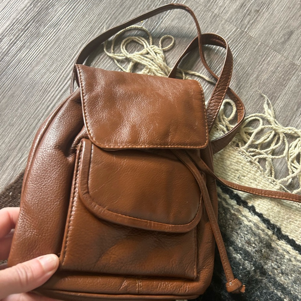 Compact Brown Leather Mini Backpack with Front Po… - image 13